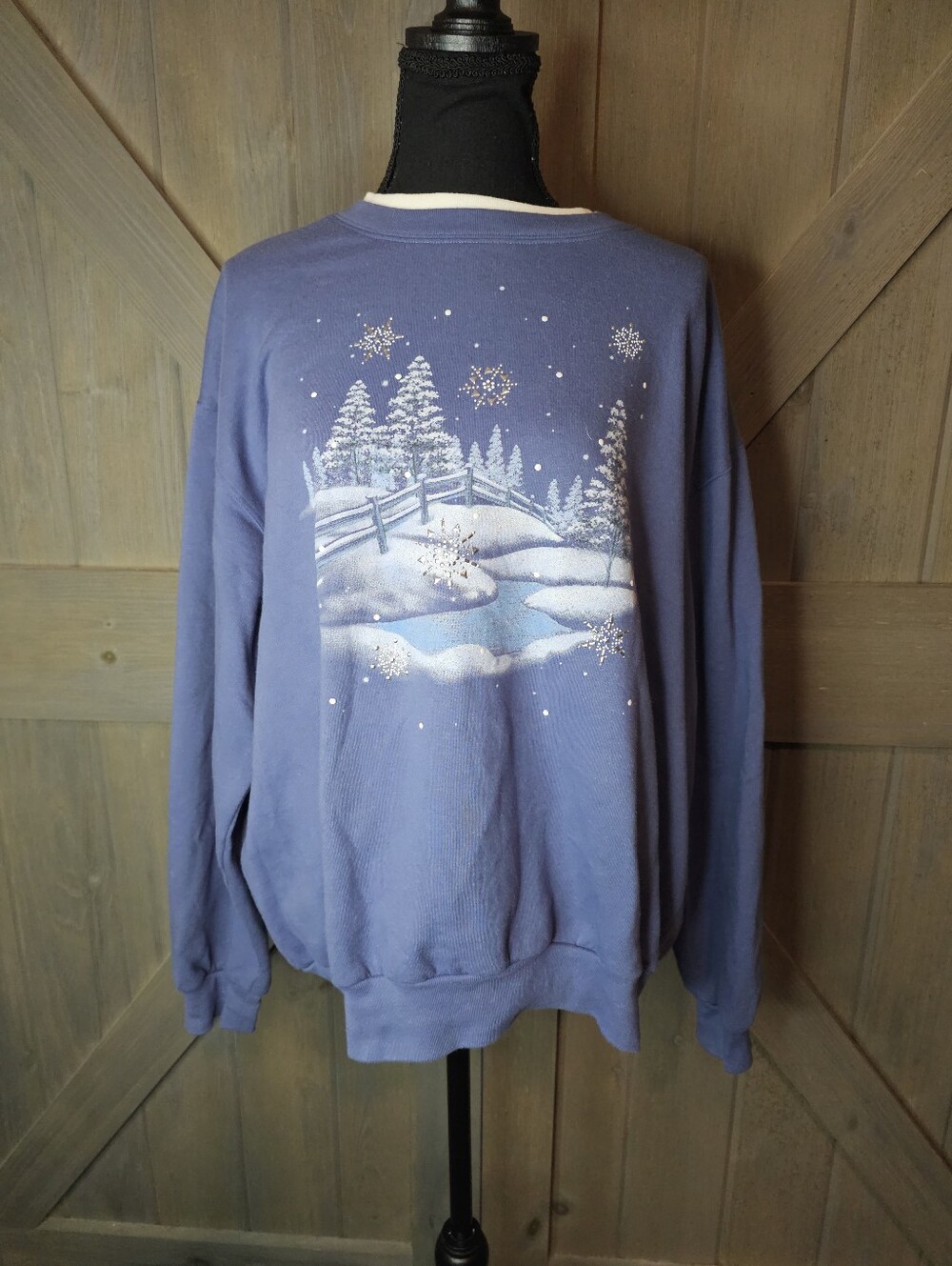 Vintage Top Stitch Blue Winter Scene Crewneck Sweatshirt sz XL